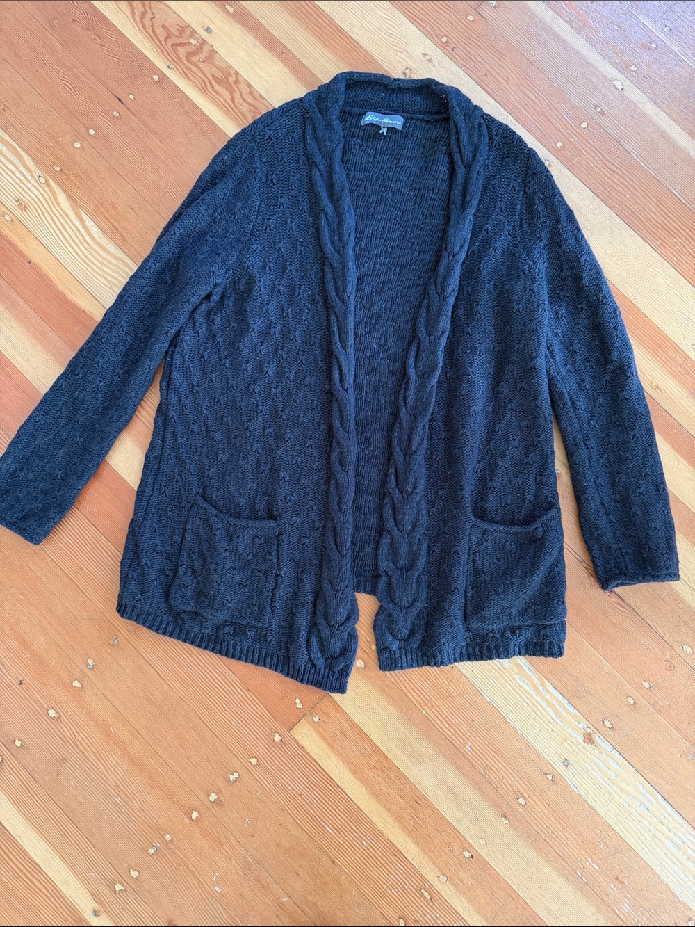 Eddie Bauer Black Pointelle Knit Open Cardigan Pockets XL
